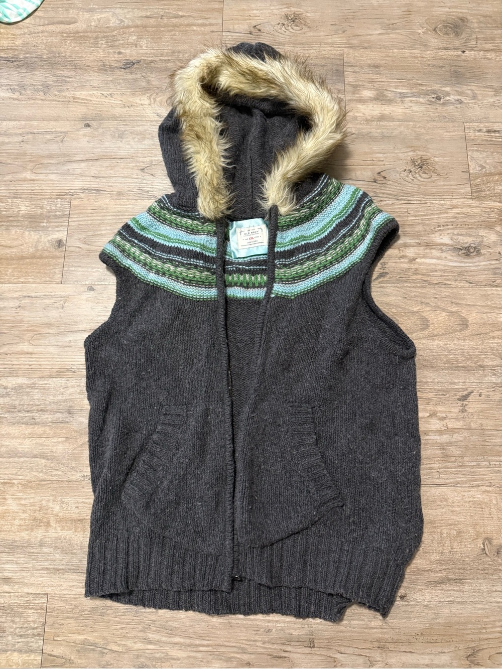 Vintage 90’s Sleeveless Lambswool Knit Vest with Faux Fur Trim and Green Stripe